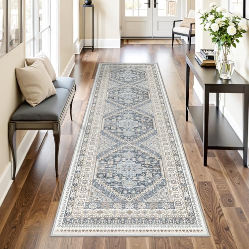 Restydon Runner Rug 2x8 Runners for Hallways Non Slip Washable Vintage Hallway Runner Rugs for Living Room Low Pile Soft Hallway Rug for Kitchen Bedroom Laundry RoomBlueBeige2x8 - Image 1