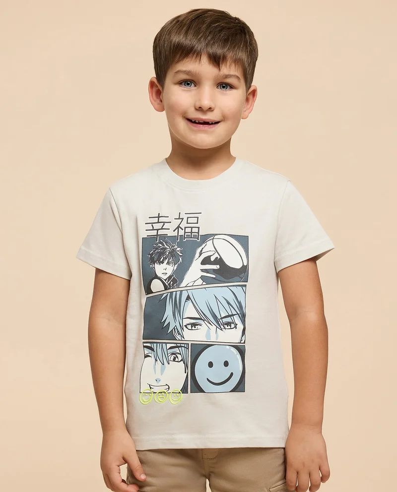 أر أند بي Printed T-Shirt with Crew Neck and Short Sleeves