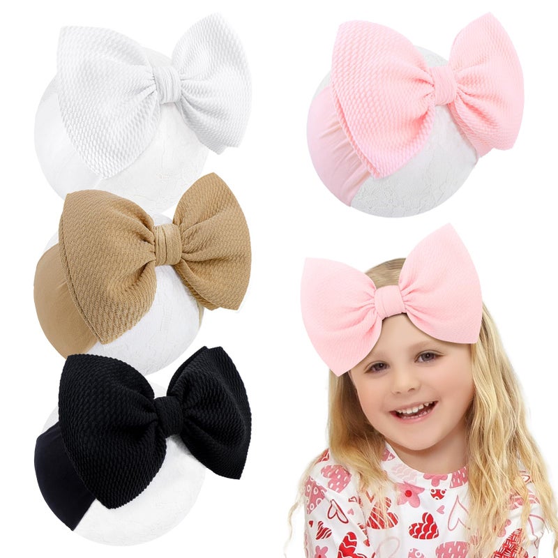 YanJie 6'' 4Pcs Baby Girl Headbands Hair Bows for Newborn Handmade Headbands with Bow Head Wraps for Infant Baby Toddler Girls Black White Pink - Image 1