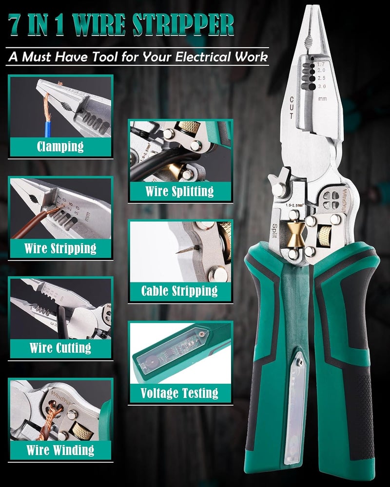 FAITIO upgrade 8 in 1 Wire Strippers with Voltage Tester, Wire Stripping Tool, Cable Cutters with Plier, Crimper, Splitting, Wire Stripper Tool for 10-18 AWG for Electrician Work Green - Image 3