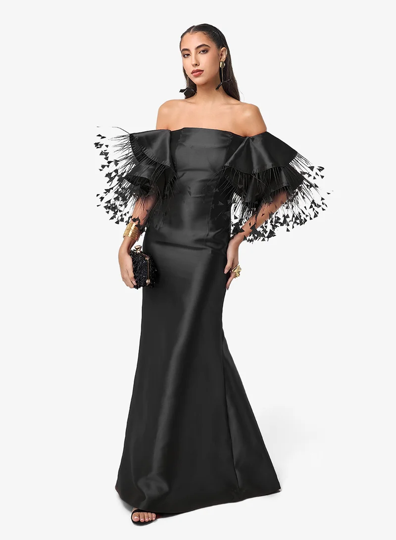 Threadz by Ajooni Ruffle Sleeve Off Shoulder Maxi Dress