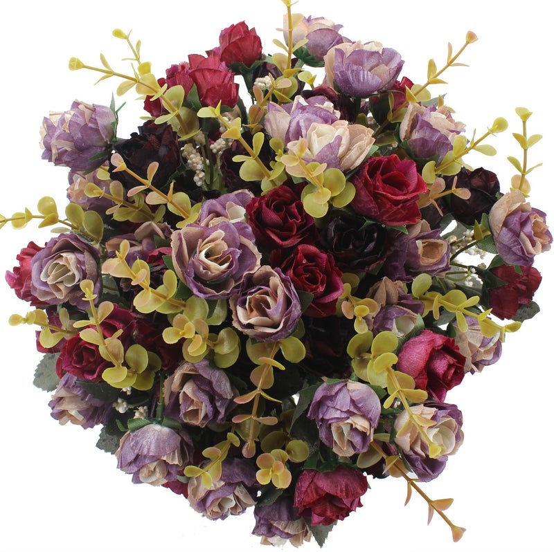 Duovlo 7 Branch 21 Mini Rose Heads Artificial Flowers Bouquet Wedding Home Office Decor,Pack of 4 (Purple) - Image 1