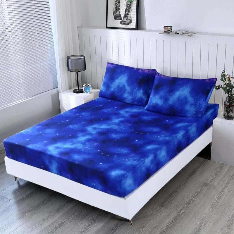 SDIII Blue Galaxy Fitted Sheet Full with 2 Pillowcases Not Including Flat Sheet Soft Microfiber Deep Pocket Space Bed Sheets Full Kids Boys Girls
