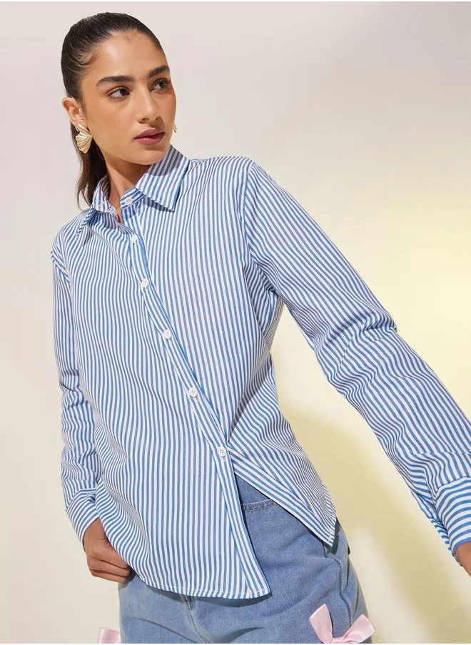 تايك تو Take Two Striped Asymmetric Button Front Regular Fit Shirt