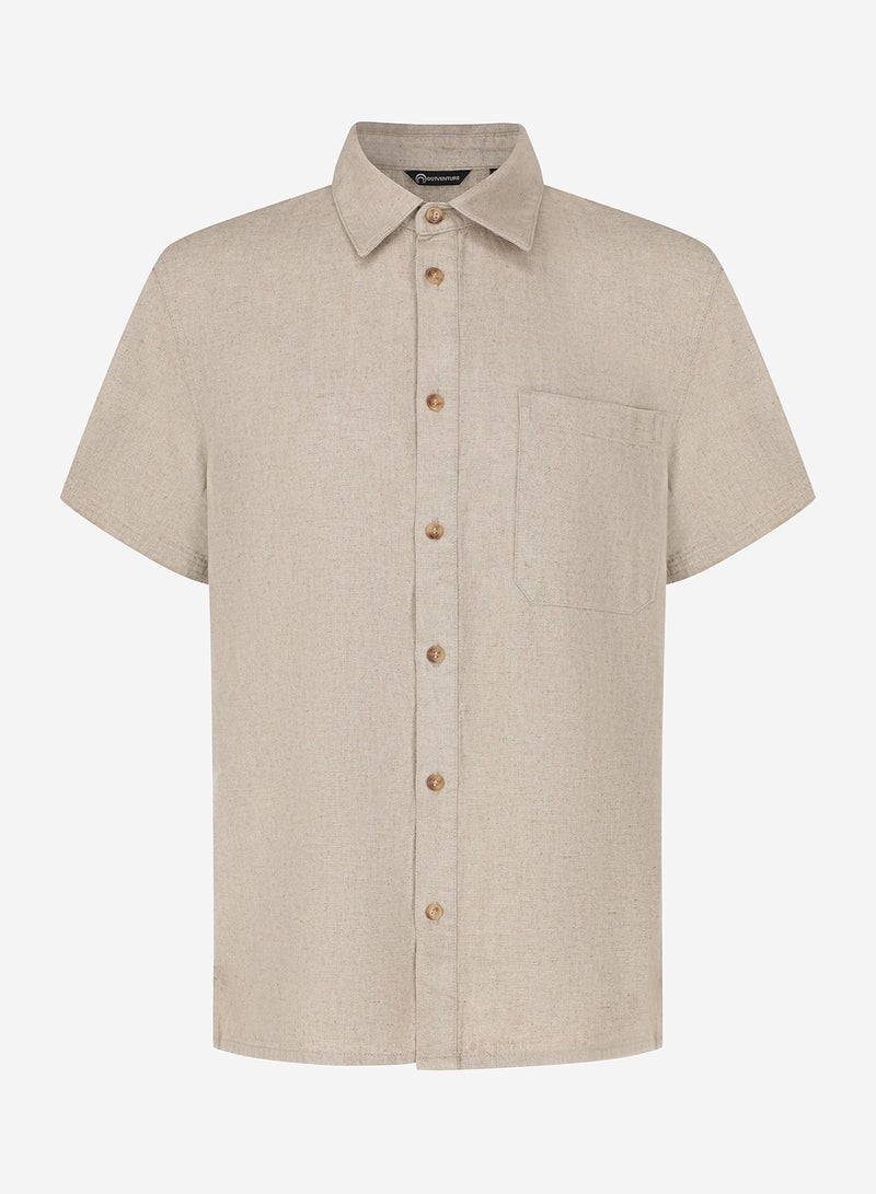 Outventure Men's Shirt, Coffee Beige, 55% Linen, 45% Viscose, Breathable Fabric, Relaxed Fit, Chest Pocket, Ideal for Travel & Outdoor Adventures - Image 1