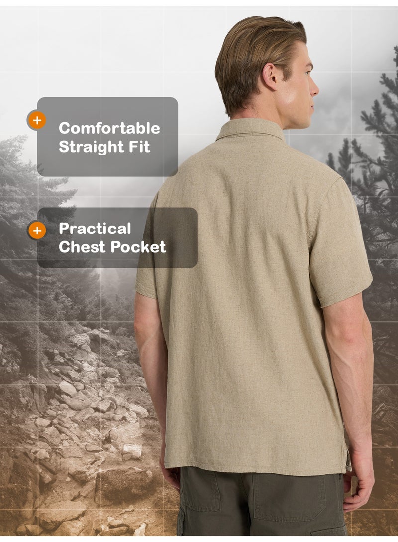 Outventure Men's Shirt, Coffee Beige, 55% Linen, 45% Viscose, Breathable Fabric, Relaxed Fit, Chest Pocket, Ideal for Travel & Outdoor Adventures - Image 3