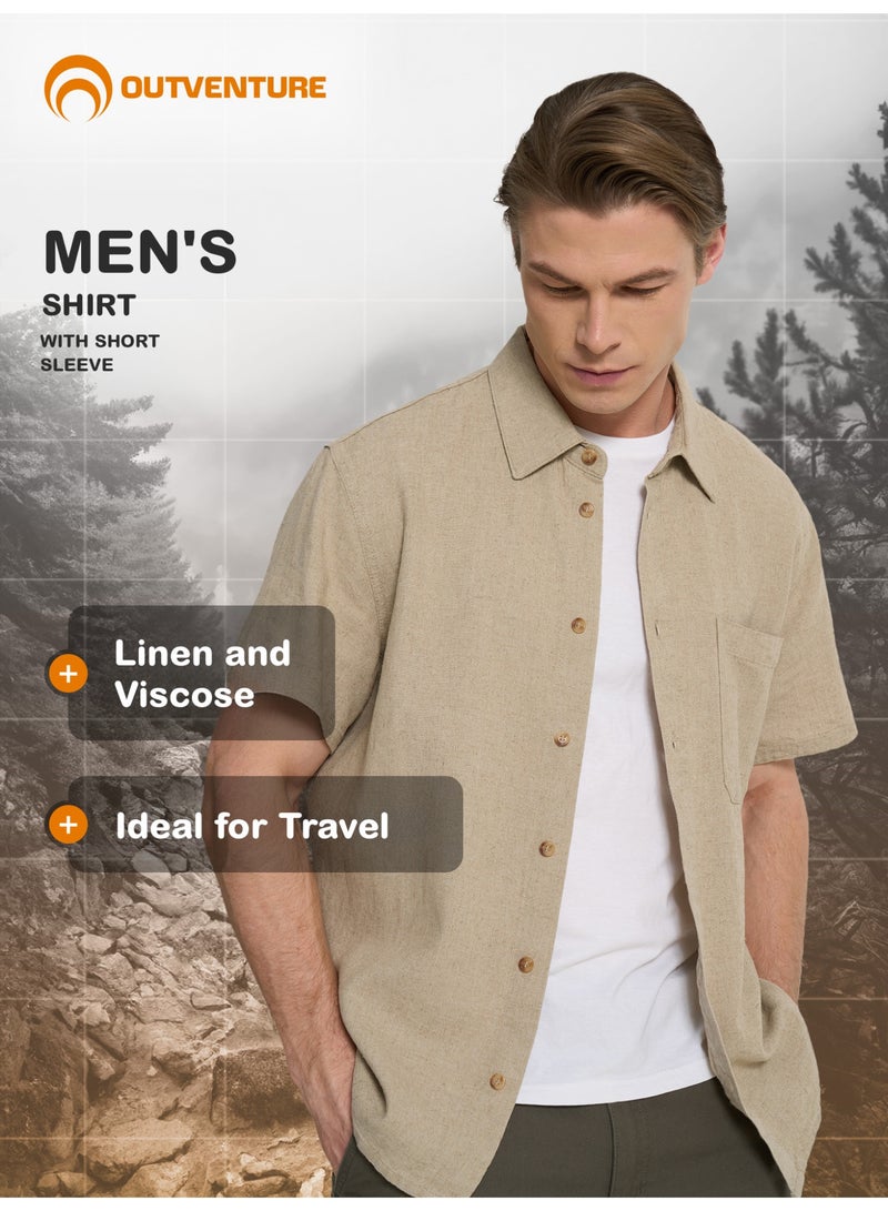 Outventure Men's Shirt, Coffee Beige, 55% Linen, 45% Viscose, Breathable Fabric, Relaxed Fit, Chest Pocket, Ideal for Travel & Outdoor Adventures - Image 2