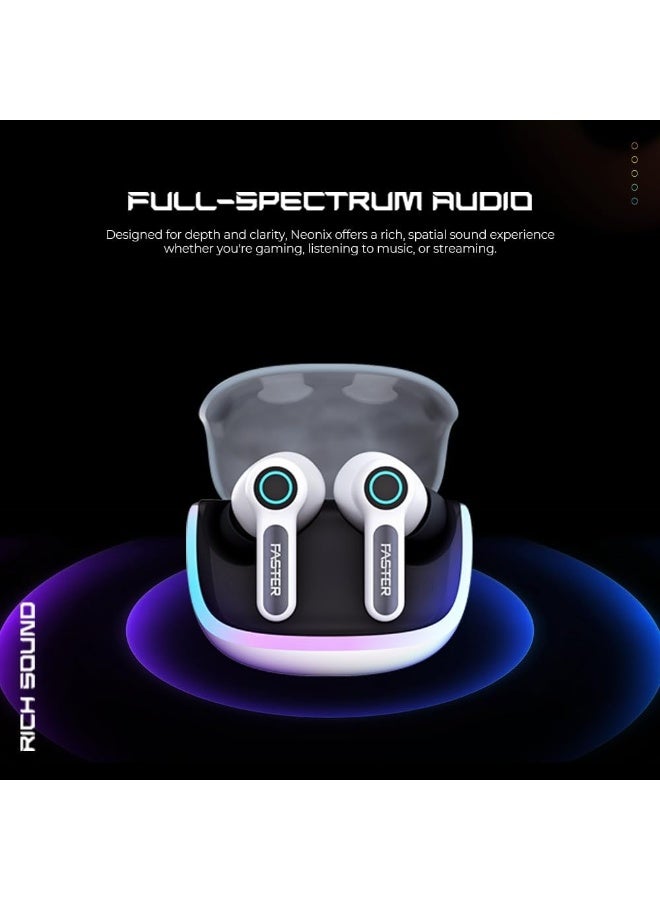 Faster NeoniX Wireless Earbuds-5.3 Bluetooth Dynamic Driver Low Latency 13mm Speakers ENC, RGB Lighting- Eaphones 6H Playback Siri Google Assistant, 500mAh Case & 40mAh Earbuds Capacity(Drift White) - Image 2