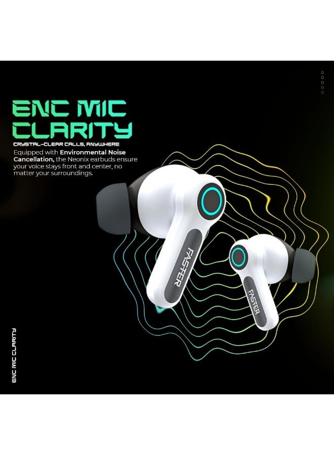 Faster NeoniX Wireless Earbuds-5.3 Bluetooth Dynamic Driver Low Latency 13mm Speakers ENC, RGB Lighting- Eaphones 6H Playback Siri Google Assistant, 500mAh Case & 40mAh Earbuds Capacity(Drift White) - Image 3