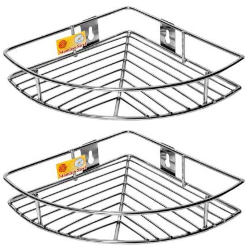 Unify Stainless Steel Multipurpose Storage Organizer - Corner Shelf for Kitchen and Bathroom, Shelf Rack, Bathroom Shelf Wall Mounted, Chrome Finish, Size: 23 x 23 x 5 cm (Set of 2) - Image 1