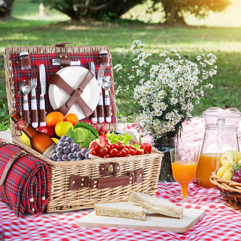 HYBDAMAI Wicker Picnic Basket for 4 with Waterproof Picnic Blanket and Insulated Cooler, Willow Hamper for Camping, Outdoors, Photoshoot, or a Birthday, Valentineâ€™s Day, Wedding Gift - Image 2
