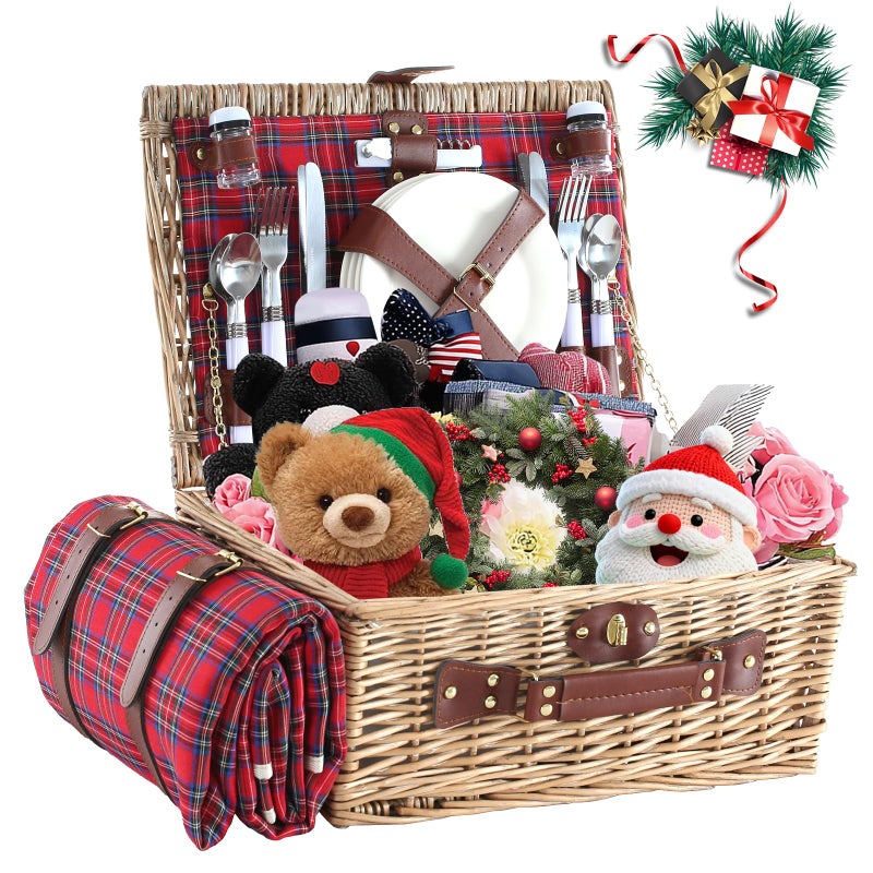 HYBDAMAI Wicker Picnic Basket for 4 with Waterproof Picnic Blanket and Insulated Cooler, Willow Hamper for Camping, Outdoors, Photoshoot, or a Birthday, Valentineâ€™s Day, Wedding Gift - Image 1
