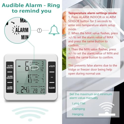 ORIA Refrigerator Thermometer, Wireless Digital Freezer Thermometer with 2 Sensors, Indoor Outdoor Thermometer, Audible Alarm, Min and Max Display, LCD Display for Home, Restaurants - Image 3