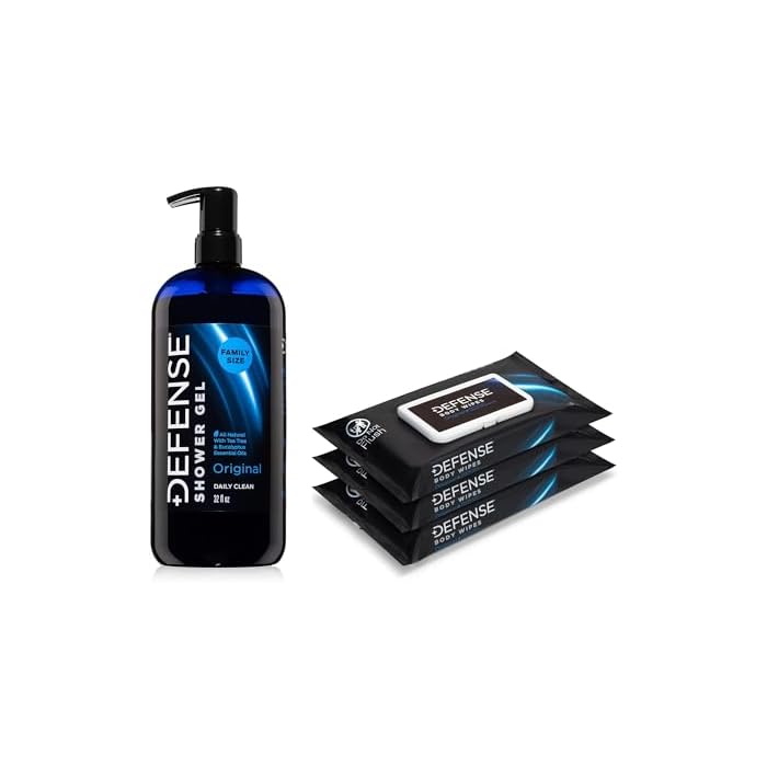 Defense Soap Shower Gel 32 oz + 3 Packs of Body Wipes | Natural Tea Tree & Eucalyptus Formula | Body Wash and Portable Cleansing Wipes for Athletes, Gym, Camping & Active Lifestyles