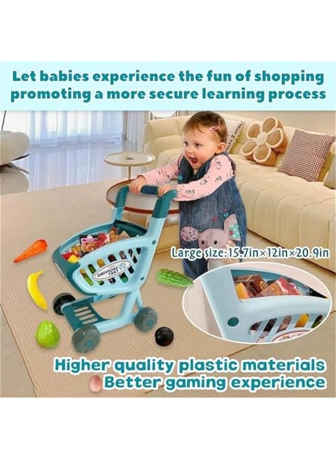 Kids Shopping Cart Trolley Play Set-Educational Toy Shopping Cart,Supermarket Playset with Grocery Food Fruit Vegetables Shop Pretend Food Accessories,Large Shopping Cart with Music and Light(Blue) - Image 2