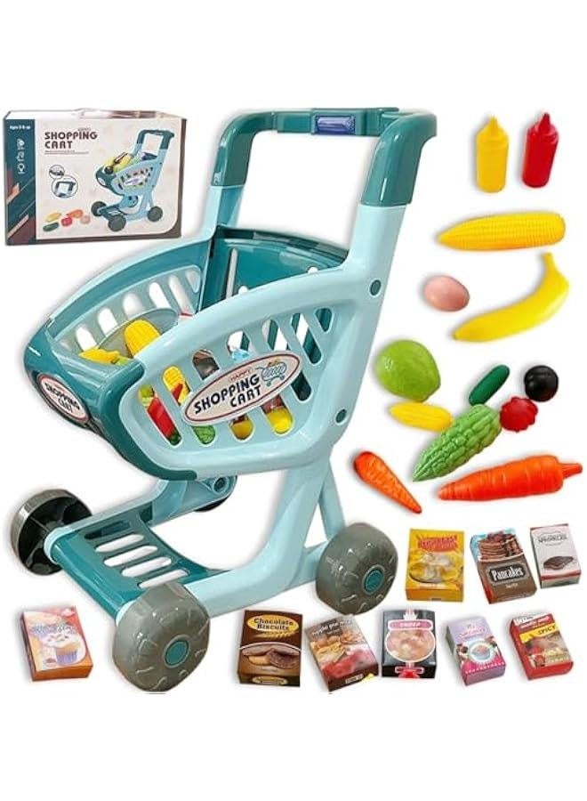 Kids Shopping Cart Trolley Play Set-Educational Toy Shopping Cart,Supermarket Playset with Grocery Food Fruit Vegetables Shop Pretend Food Accessories,Large Shopping Cart with Music and Light(Blue) - Image 1