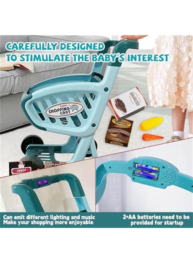 Kids Shopping Cart Trolley Play Set-Educational Toy Shopping Cart,Supermarket Playset with Grocery Food Fruit Vegetables Shop Pretend Food Accessories,Large Shopping Cart with Music and Light(Blue) - Image 3