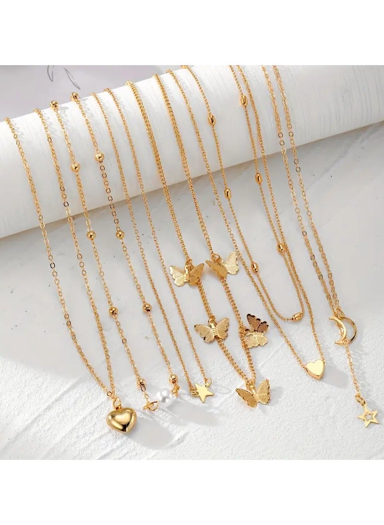 6pcs قديمة أنيقة فراشة قلب قلادة مجموعة قلادة ، مزاج عصري تقليد اللؤلؤ نجم القمر Y سلسلة سحر طبقات قلادة نسائية ، حفلة يومية احتفال مأدبة المجوهرات العصرية الهدايا ، مجوهرات فراشة - Image 4