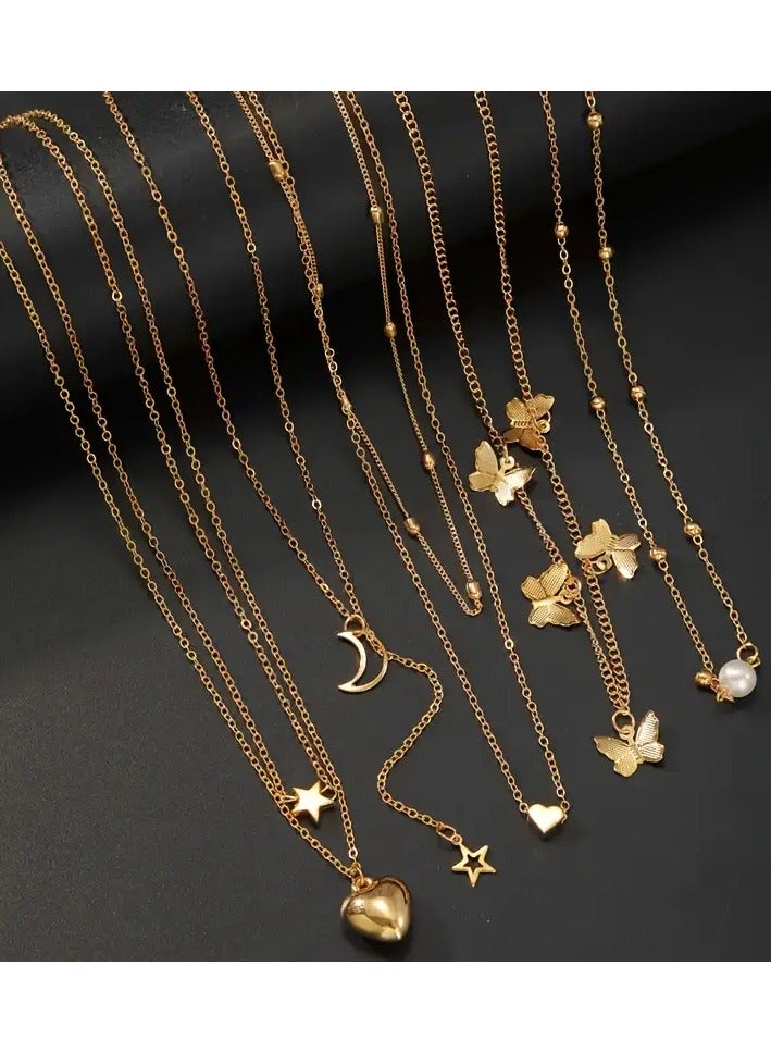 6pcs قديمة أنيقة فراشة قلب قلادة مجموعة قلادة ، مزاج عصري تقليد اللؤلؤ نجم القمر Y سلسلة سحر طبقات قلادة نسائية ، حفلة يومية احتفال مأدبة المجوهرات العصرية الهدايا ، مجوهرات فراشة - Image 2