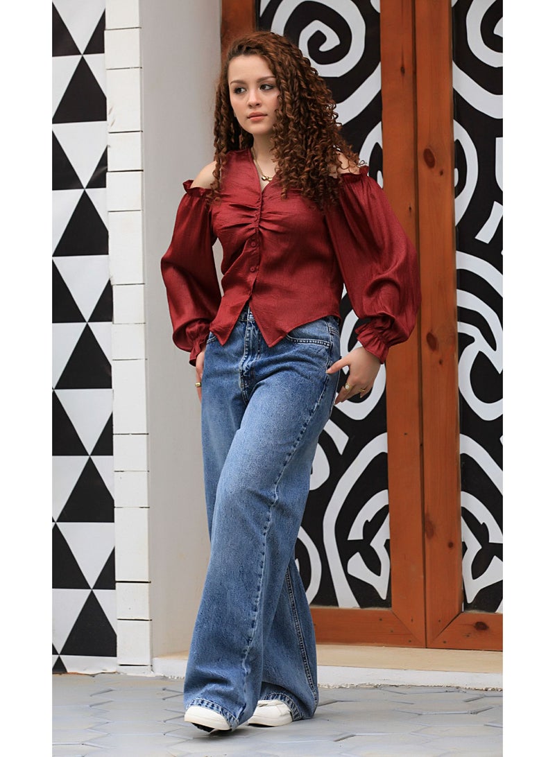 Ship Master Satin Cold-Shoulder Blouse with Front Buttons – Elegant & Stylish (Blouse Only)  - Image 3