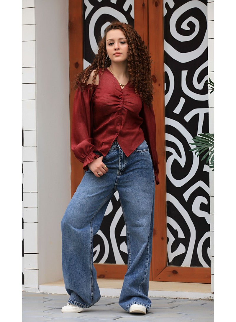 Ship Master Satin Cold-Shoulder Blouse with Front Buttons – Elegant & Stylish (Blouse Only)  - Image 2