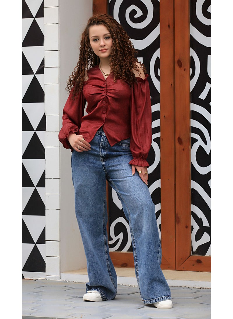 Ship Master Satin Cold-Shoulder Blouse with Front Buttons – Elegant & Stylish (Blouse Only)  - Image 1