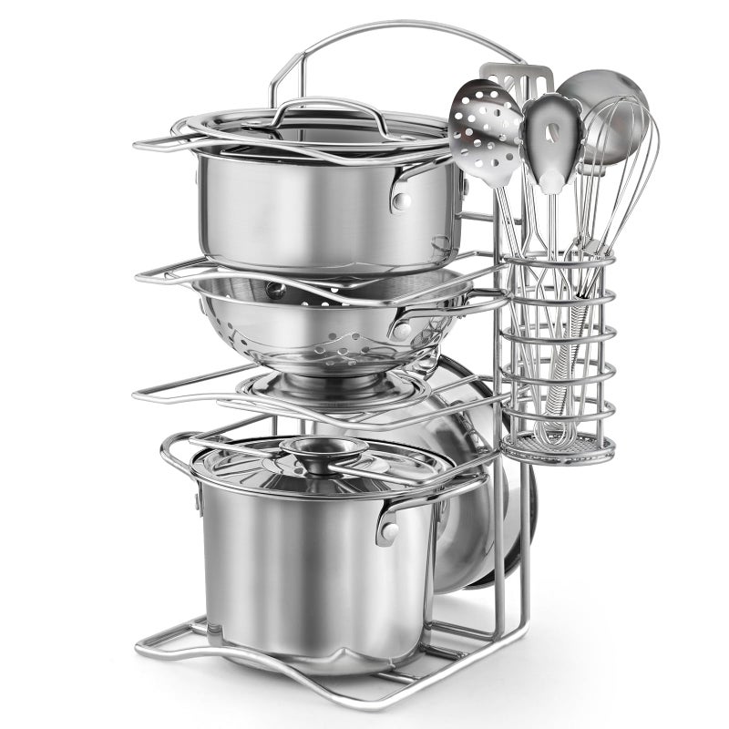 TikOnsYol 12Pcs Kids Pretend Play Kitchen Accessories Toy Stainless Steel Metal Pots and Pans Playset with Rack Mud Kitchen Accessories Toy Pots and Pans for Kids Toddler Age 3 Years Old - Image 3