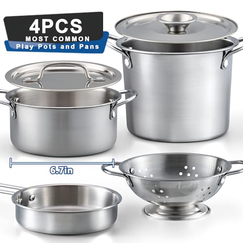 TikOnsYol 12Pcs Kids Pretend Play Kitchen Accessories Toy Stainless Steel Metal Pots and Pans Playset with Rack Mud Kitchen Accessories Toy Pots and Pans for Kids Toddler Age 3 Years Old - Image 5