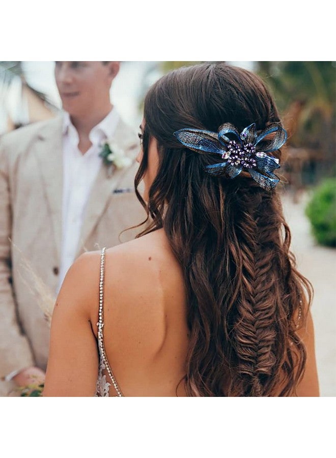 Campsis Bridal Wedding Hair Clip Blue Flower Crystals Hair Barrettes Clips For Bride Handmade Rhinestones Hair Piece Accessories For Women Bridesmaids Prom Party Dinner - Image 3