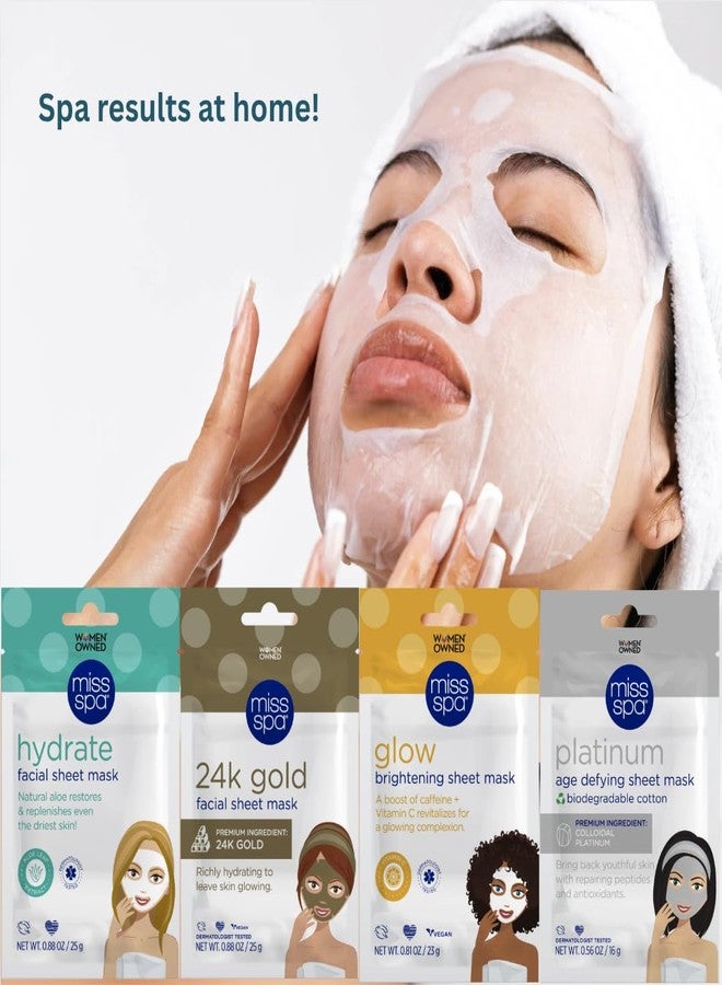 MISS SPA Face Mask Skin Care, Facial Sheet Mask for Women, Hydrating Moisturizing Skin Care Products, Anti-aging Face Mask, Dermatologsit Tested, 4 Pack (Hydrate, 24K Gold, Glow, Platinum Sheet Mask) - Image 4