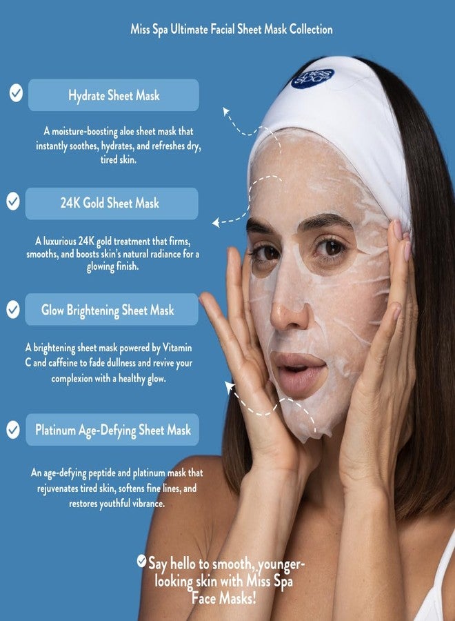 MISS SPA Face Mask Skin Care, Facial Sheet Mask for Women, Hydrating Moisturizing Skin Care Products, Anti-aging Face Mask, Dermatologsit Tested, 4 Pack (Hydrate, 24K Gold, Glow, Platinum Sheet Mask) - Image 2
