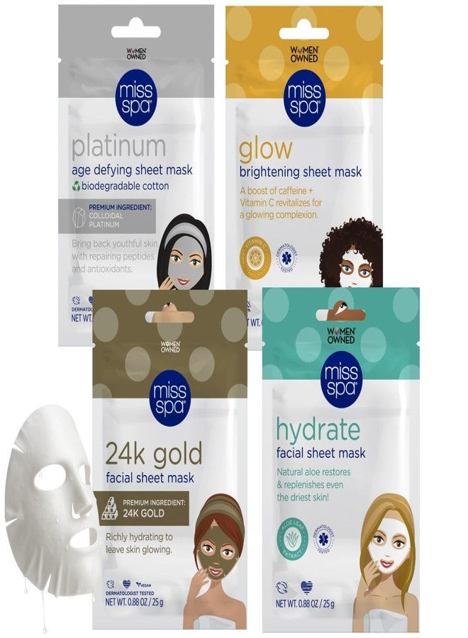 MISS SPA Face Mask Skin Care, Facial Sheet Mask for Women, Hydrating Moisturizing Skin Care Products, Anti-aging Face Mask, Dermatologsit Tested, 4 Pack (Hydrate, 24K Gold, Glow, Platinum Sheet Mask) - Image 1