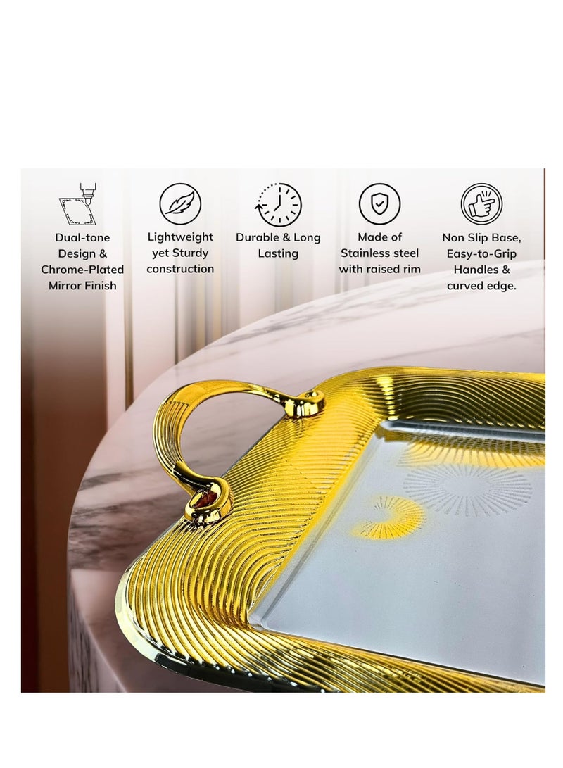 دبيلو تي- إيزي كير صينية تقديم مطلية بالكروم فضية/ذهبية بمقابض - صينية فولاذية مستطيلة الشكل بلمسة نهائية عاكسة، متعددة الاستخدامات للبوفيه، وغرفة الطعام، وغرفة المعيشة، وديكور غرفة النوم، والهدايا، 48 × 33.7 سم (طول × عرض) - Image 3