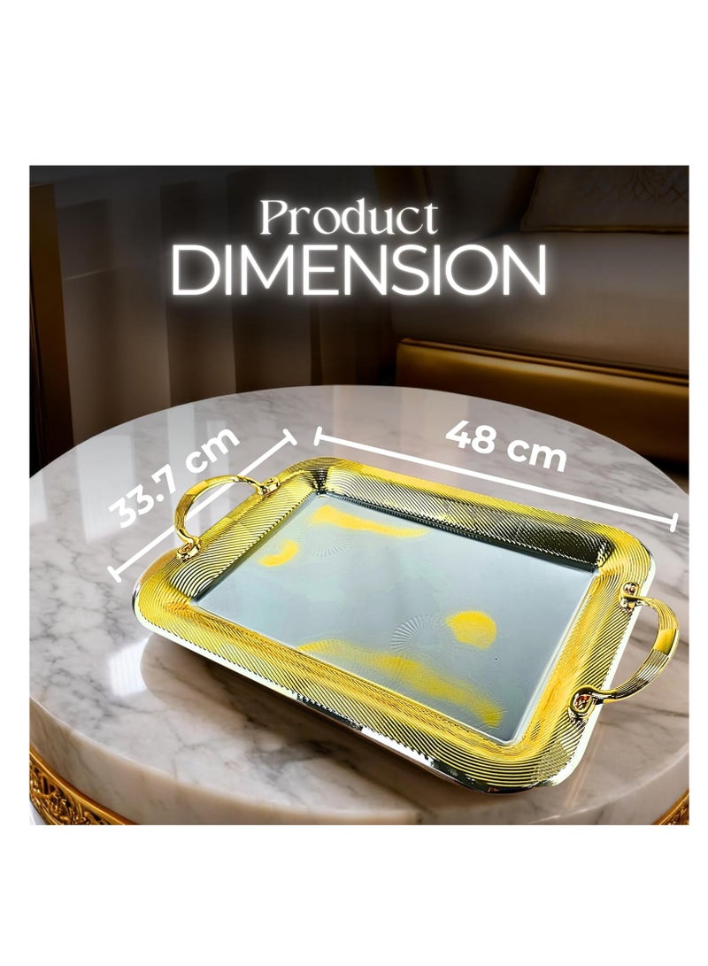 دبيلو تي- إيزي كير صينية تقديم مطلية بالكروم فضية/ذهبية بمقابض - صينية فولاذية مستطيلة الشكل بلمسة نهائية عاكسة، متعددة الاستخدامات للبوفيه، وغرفة الطعام، وغرفة المعيشة، وديكور غرفة النوم، والهدايا، 48 × 33.7 سم (طول × عرض) - Image 2