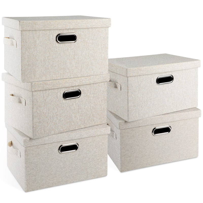 Graciadeco Medium 15" 21 Quart Collapsible Stackable Storage Bins with Lids, 5 Packs Beige Foldable Fabric Closet Boxes Heavy-duty Linen Cube Baskets Container for Bedroom Office (15 x 11 x 8) - Image 1