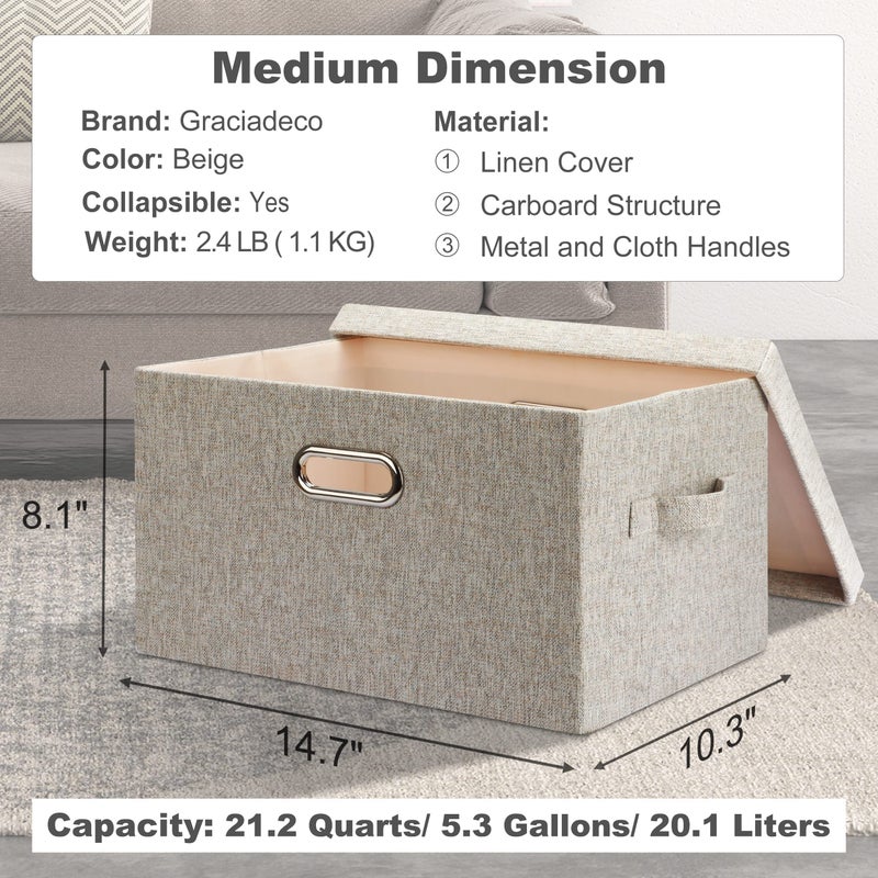 Graciadeco Medium 15" 21 Quart Collapsible Stackable Storage Bins with Lids, 5 Packs Beige Foldable Fabric Closet Boxes Heavy-duty Linen Cube Baskets Container for Bedroom Office (15 x 11 x 8) - Image 2