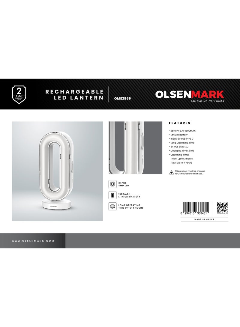 Olsenmark Rechargeable LED Lantern OME2869 | 34 SMD LEDs, 1500mAh Battery, 2 Light Modes | USB Type-C Fast Charging, Portable for Indoor & Outdoor Use | White