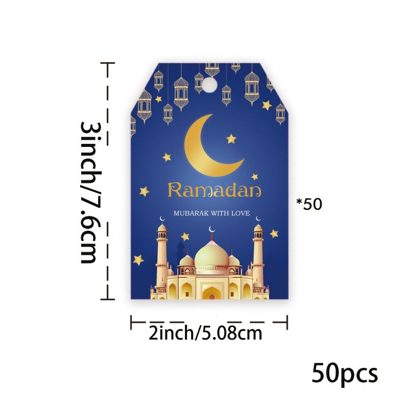 50 بطاقة شكر زرقاء لرمضان، علامات هدايا لحفلات العيد، ملصقات تغليف هدايا، بطاقات ملاحظات ذات طابع إسلامي - Image 3