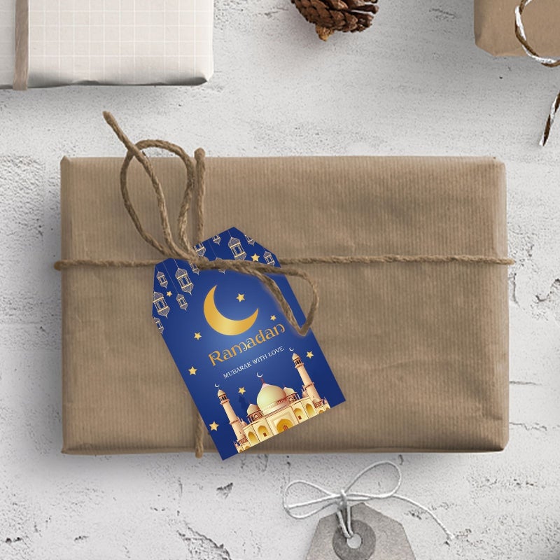 50 بطاقة شكر زرقاء لرمضان، علامات هدايا لحفلات العيد، ملصقات تغليف هدايا، بطاقات ملاحظات ذات طابع إسلامي - Image 5