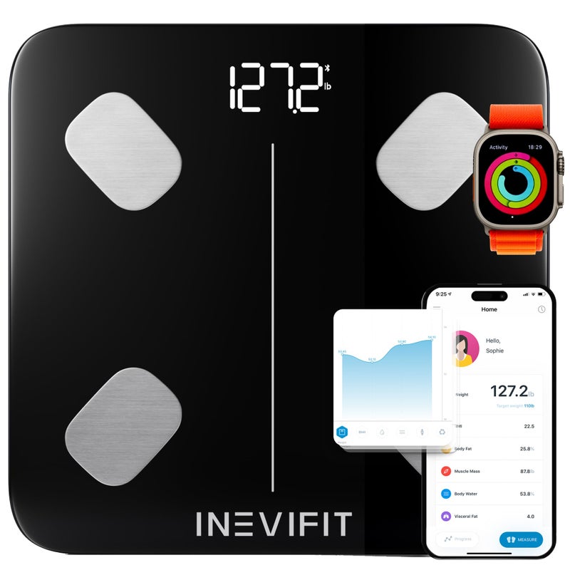 INEVIFIT Smart Body Fat Scale Highly Accurate Bluetooth Digital Bathroom Body Composition Analyzer Measures Weight Body Fat Water Muscle Visceral Fat Bone Mass for Unlimited Users EcoBlk
