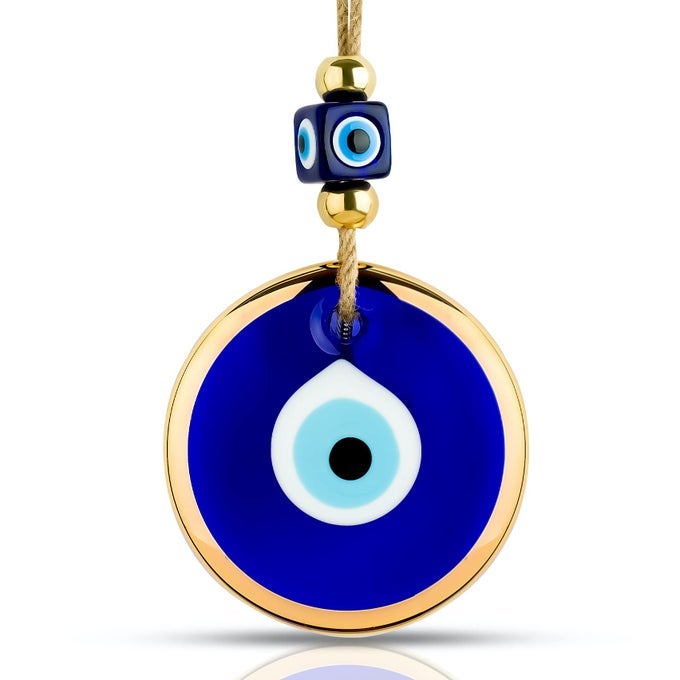 Blue Evil Eye Wall Decor Gold Border Design 43 Glass Evil Eye Hanging Ornament for Home Office Garden Door Turkish Greek Handmade Nazar Amulet Good Luck and Protection Charm Ojo Turco