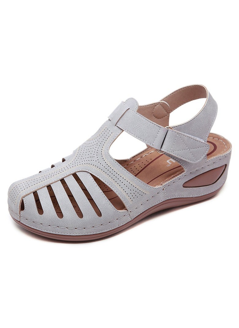 SIKETU Summer Hollow Out Retro Wedge Sandals Grey  - Image 1