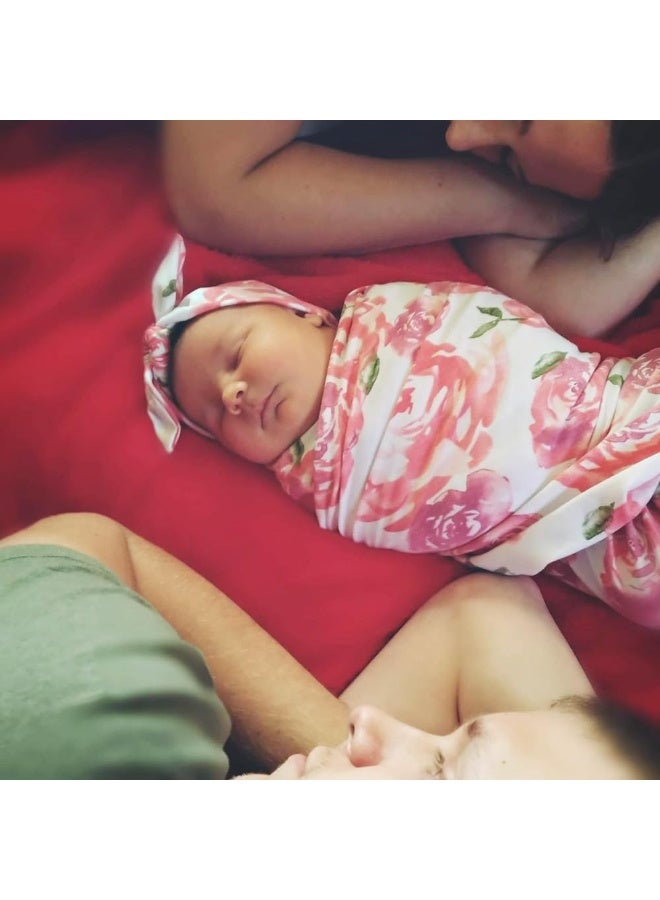 DRESHOW BQUBO 3 Sets Receiving Blanket with Headbands Newborn Baby Floral Printed Baby Shower Swaddle Gift - Image 2