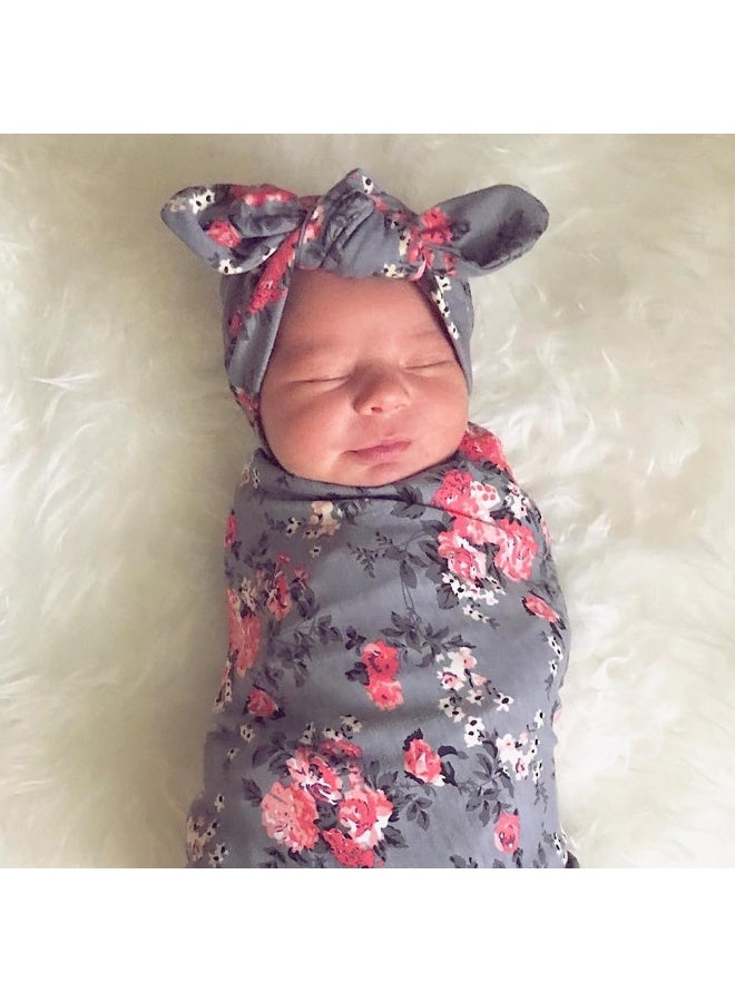 DRESHOW BQUBO 3 Sets Receiving Blanket with Headbands Newborn Baby Floral Printed Baby Shower Swaddle Gift - Image 5