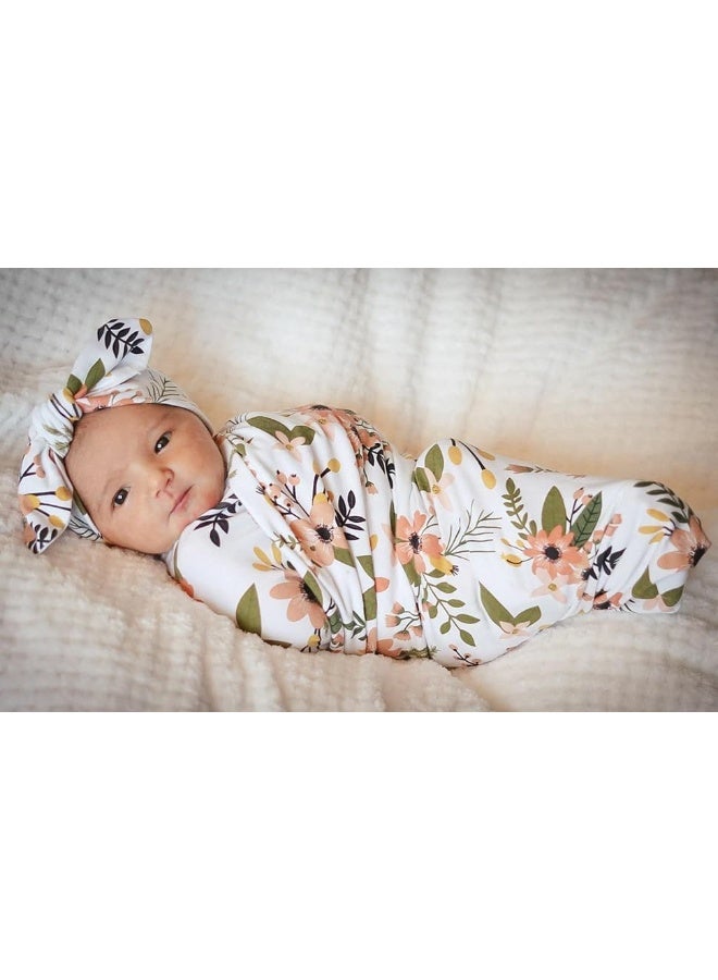 DRESHOW BQUBO 3 Sets Receiving Blanket with Headbands Newborn Baby Floral Printed Baby Shower Swaddle Gift - Image 4