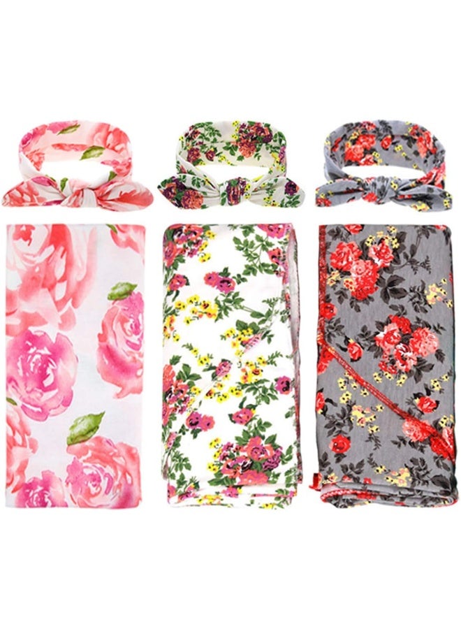 DRESHOW BQUBO 3 Sets Receiving Blanket with Headbands Newborn Baby Floral Printed Baby Shower Swaddle Gift - Image 1