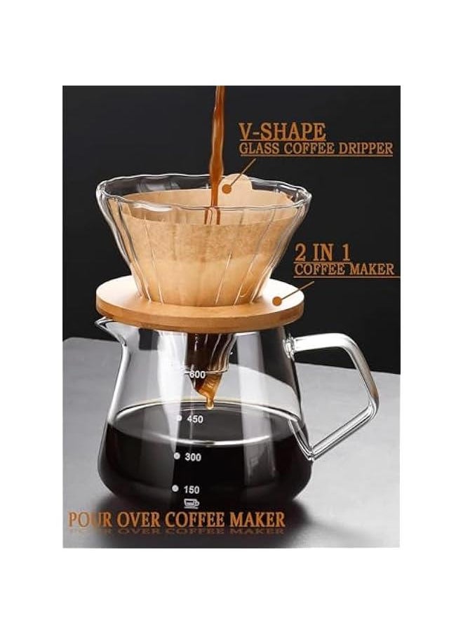 HOOKOR Pour Over Coffee Maker - 20 OZ /600ML Glass Carafe Coffee Server with Glass Coffee Dripper/Filter, Walnut Handle & Glass Lid, Drip Coffee Maker for Home Café Restaurant Camping (600ML)  - Image 4