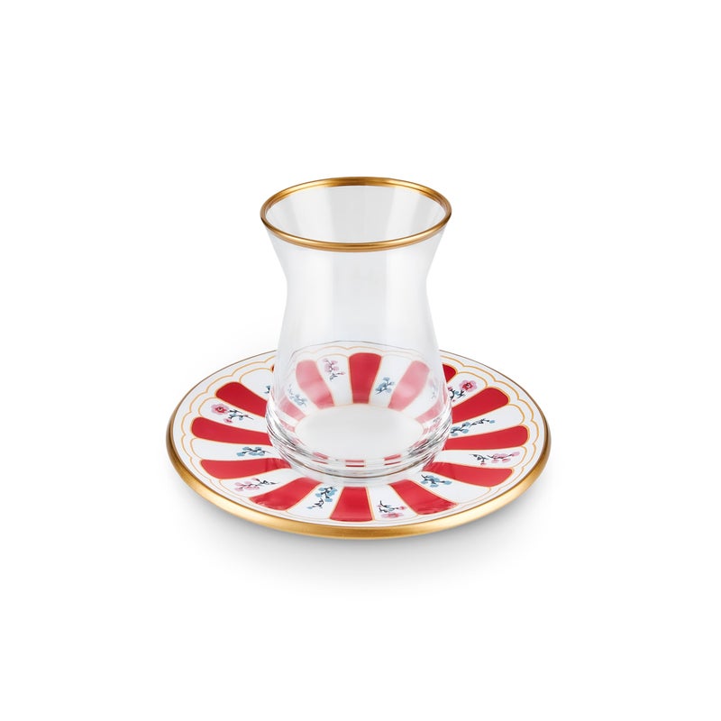 KARACA Bursa 12-Piece Turkish Tea Glass & Saucer Set 132 ml â€“ Red Glass Tea Set for 6 People - Image 4