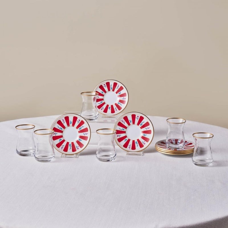 KARACA Bursa 12-Piece Turkish Tea Glass & Saucer Set 132 ml â€“ Red Glass Tea Set for 6 People - Image 1
