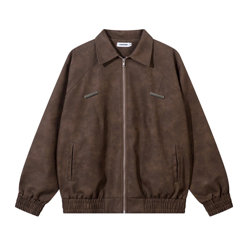 American Style Retro Trendy Brand Solid Color Pu Leather Jacket Coat Men'S And Women'S Autumn Loose Couples High-End Motorcycle Leather Coat - Image 2